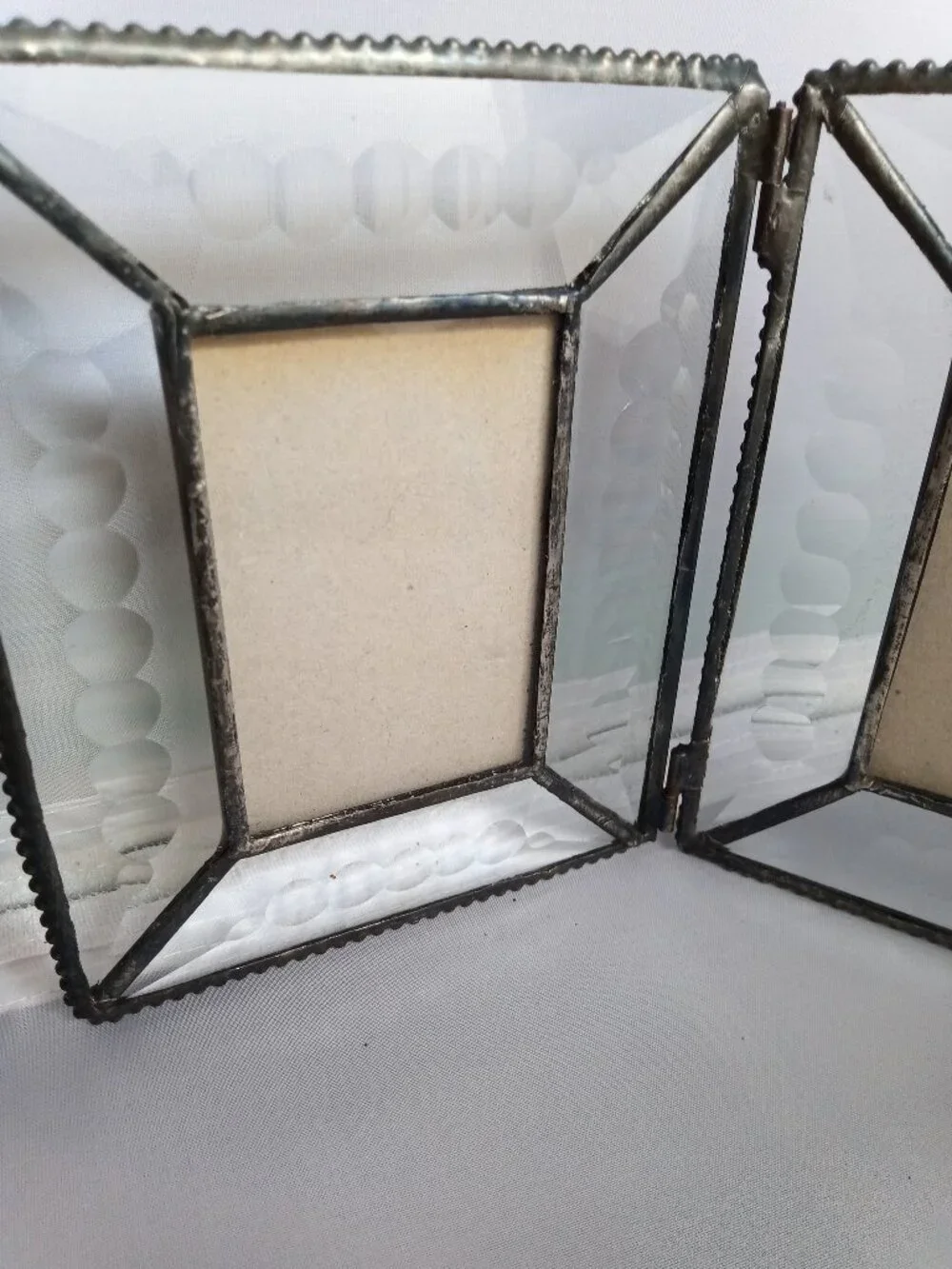 Vintage cut clear glass metal edged folding 2 part picture frame 2''x3'' picture